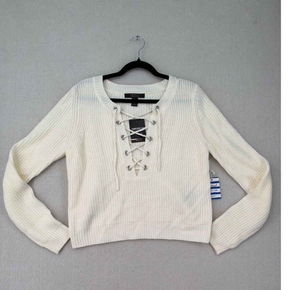 Forever 21 Contemporary Women's L Cream Lace Up Knit Sweater NWT 0472